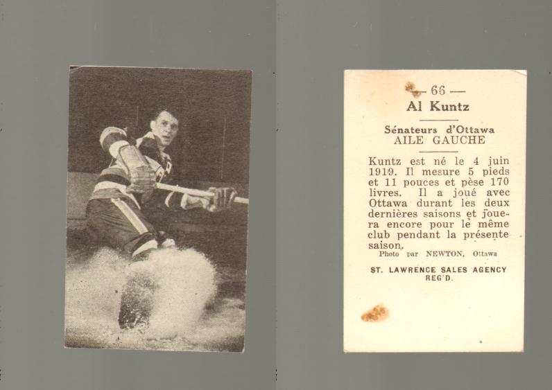 1952-53 ST. LAWRENCE SALES HOCKEY CARD #66 A. KUNTZ photo