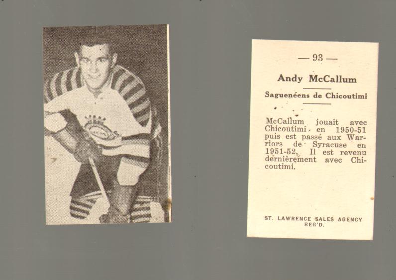 1952-53 ST. LAWRENCE SALES HOCKEY CARD #93 A. MCCALLUM photo