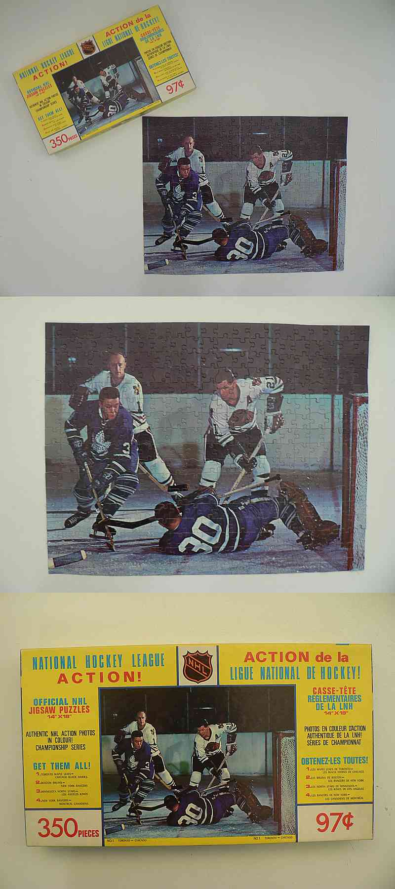 1967-68 JIGSAW CHICAGO BLACKHAWKS VS TORONTO MAPLE LEAFS PUZZLE & BOX photo