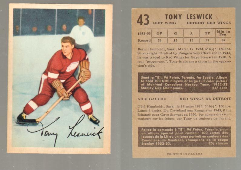 1953-54 PARKHURST HOCKEY CARD #43 T. LESWICK photo