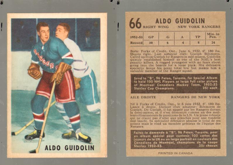 1953-54 PARKHURST HOCKEY CARD #66 A. GUIDOLIN photo