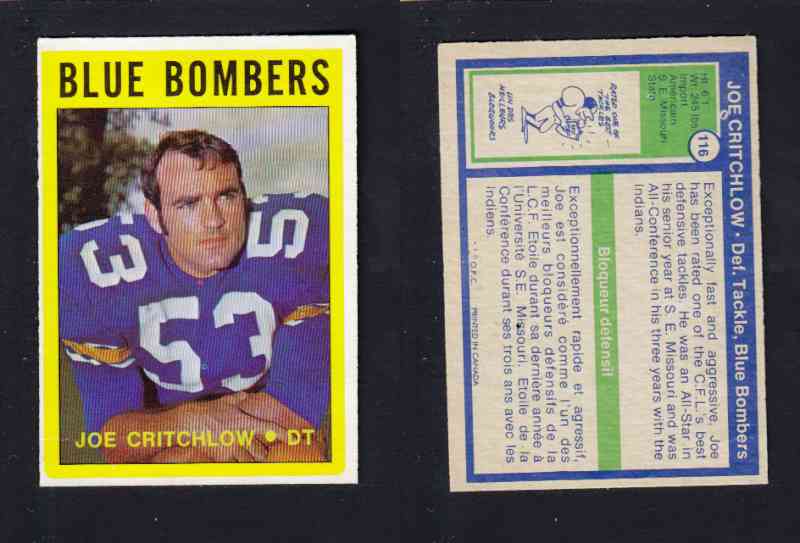 1972 CFL O-PEE-CHEE FOOTBALL CARD #116 J. CRITCHLOW photo