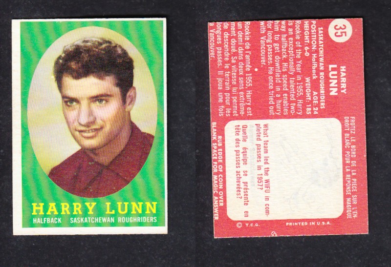 1958 CFL TOPPS FOOTBALL CARD #35 H.LUNN photo