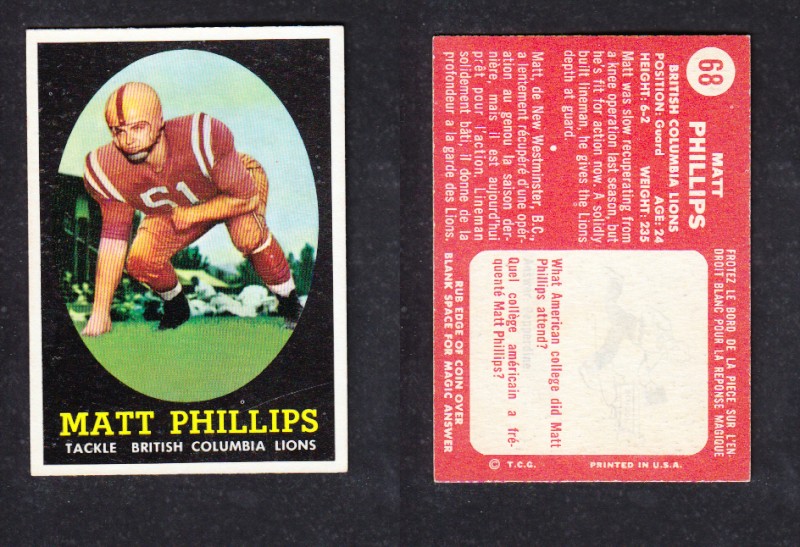 1958 CFL TOPPS FOOTBALL CARD #68 M.PHILLIPS photo