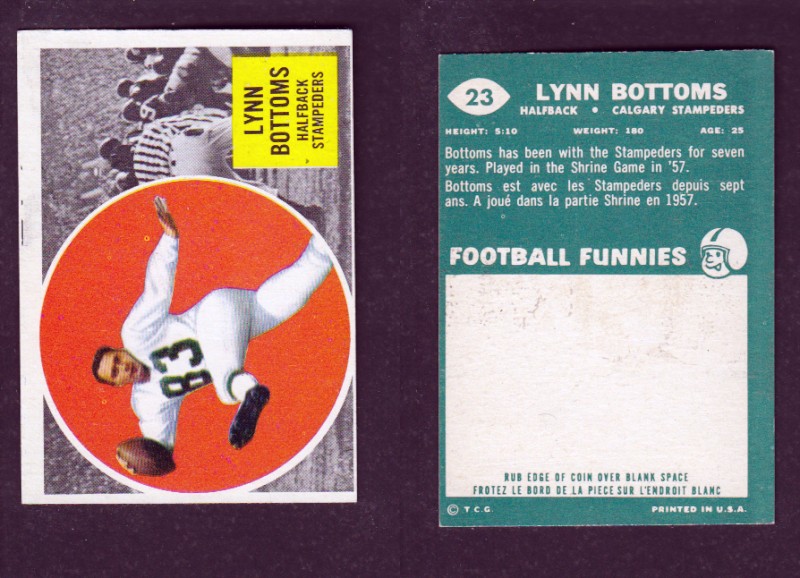 1960 CFL TOPPS FOOTBALL CARD #23 L. BOTTOMS photo