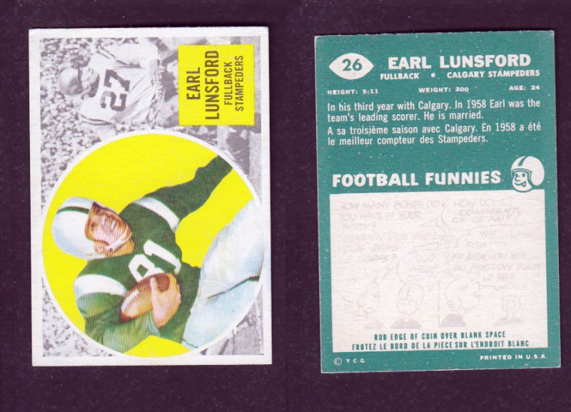 1960 CFL TOPPS FOOTBALL CARD #26 E. LUNSFORD photo