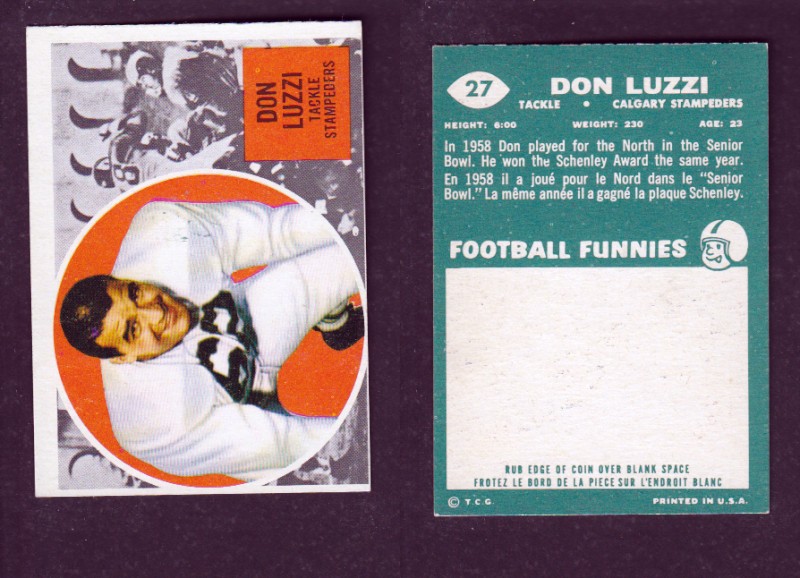 1960 CFL TOPPS FOOTBALL CARD #27 D. LUZZI photo