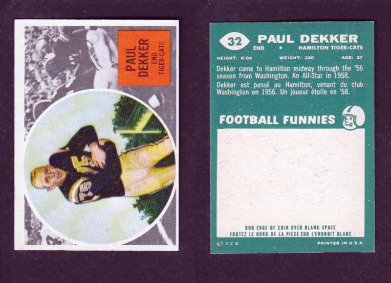 1960 CFL TOPPS FOOTBALL CARD #32 P. DEKKER photo