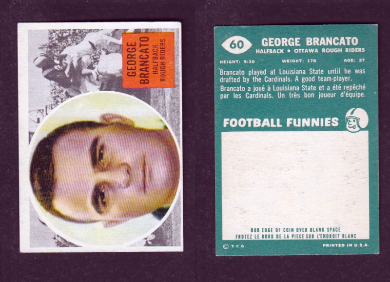 1960 CFL TOPPS FOOTBALL CARD #60 G. BRANCATO photo