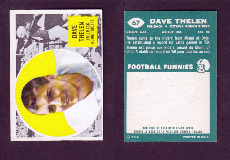 1960 CFL TOPPS FOOTBALL CARD #67 D. THELEN photo