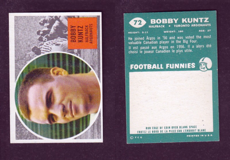 1960 CFL TOPPS FOOTBALL CARD #72 B. KUNTZ photo