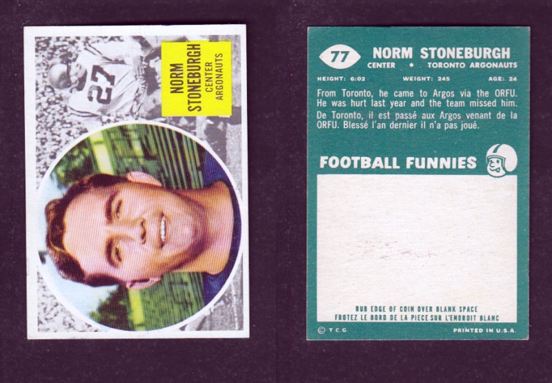 1960 CFL TOPPS FOOTBALL CARD #77 N. STONEBURGH photo