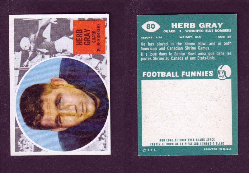 1960 CFL TOPPS FOOTBALL CARD #80 H. GRAY photo