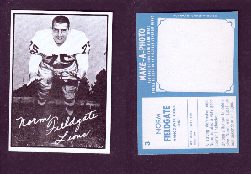 1961 CFL TOPPS FOOTBALL CARD #3 N. FIELDGATE photo