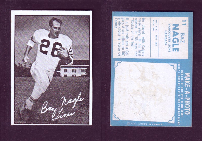 1961 CFL TOPPS FOOTBALL CARD #11 B. NAGLE photo