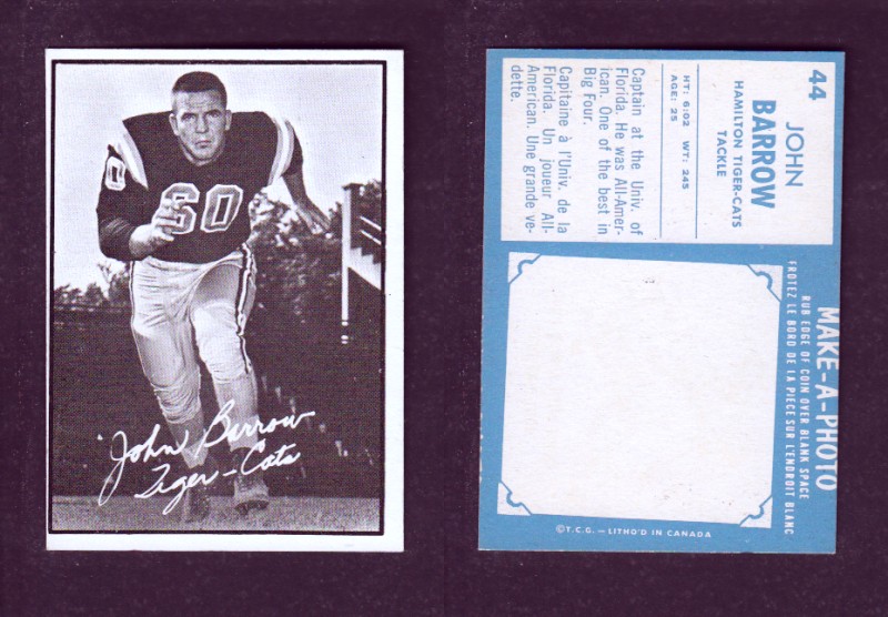 1961 CFL TOPPS FOOTBALL CARD #44 J. BARROW photo