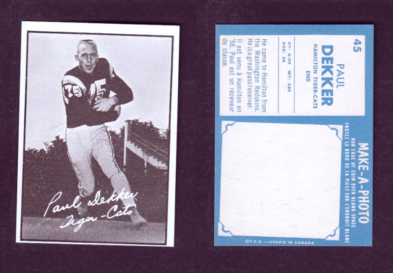 1961 CFL TOPPS FOOTBALL CARD #45 P. DEKKER photo