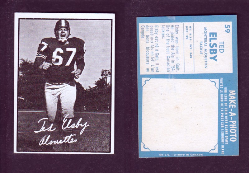 1961 CFL TOPPS FOOTBALL CARD #59 T. ELSBY photo