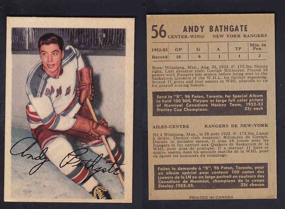 1953-54 PARKHURST HOCKEY CARD #56 A. BATHGATE photo