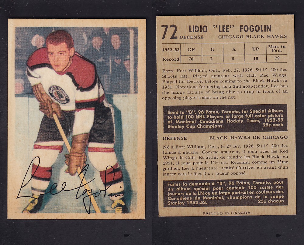 1953-54 PARKHURST HOCKEY CARD #72 L. FOGOLIN photo