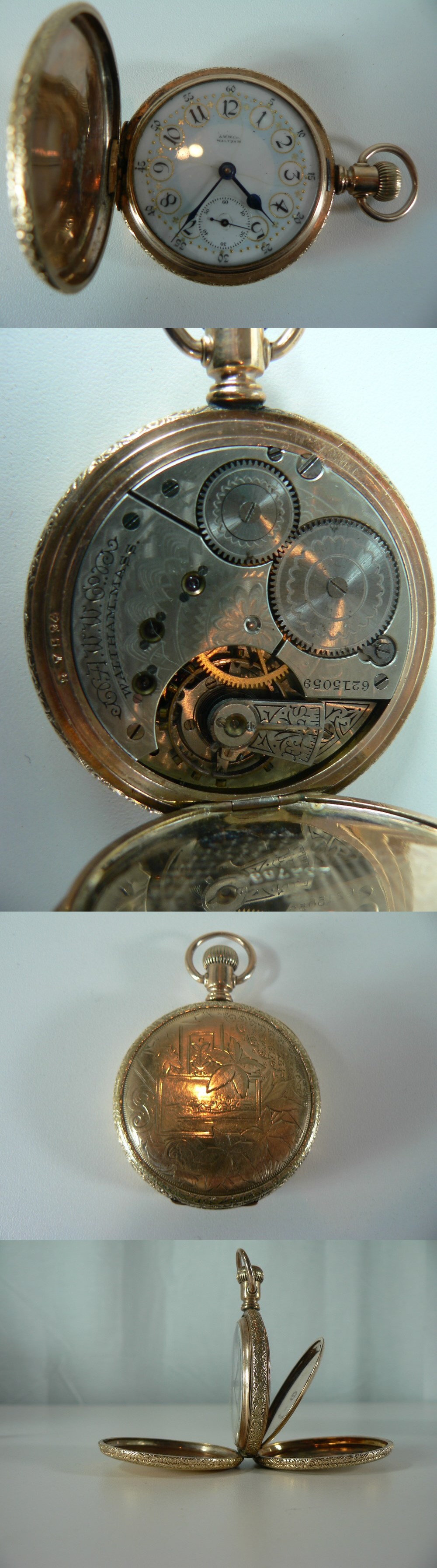 VINTAGE 50 MM WALTHAM FANCY DIAL GOLD PLATED POCKET WATCH photo