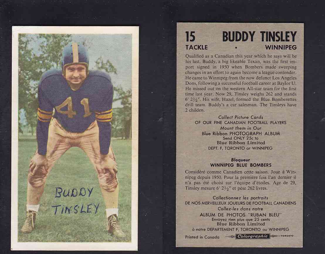 1954 CFL BLUE RIBBON FOOTBALL CARD #15 B. TINSLEY photo