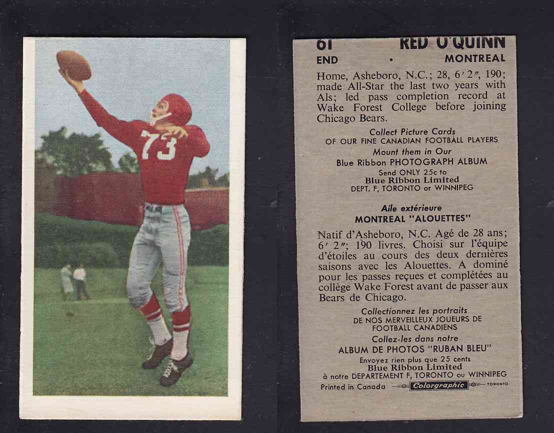 1954 CFL BLUE RIBBON FOOTBALL CARD #61 R. O'QUINN photo