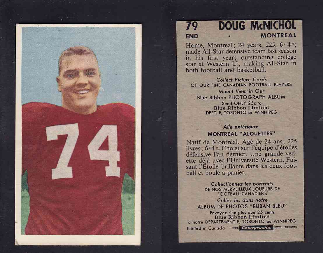 1954 CFL BLUE RIBBON FOOTBALL CARD #79 D. MCNICHOL photo