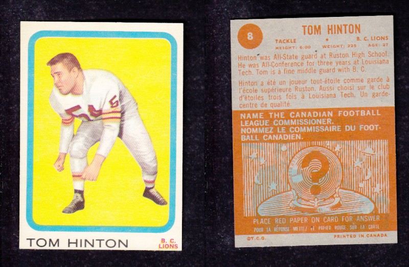 1963 CFL TOPPS FOOTBALL CARD #8 T. HINTON photo