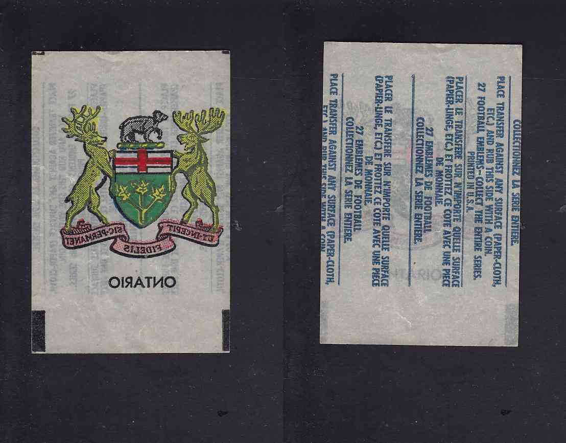 1965 CFL TOPPS TRANSFERT ONTARIO COAT OR ARMS photo