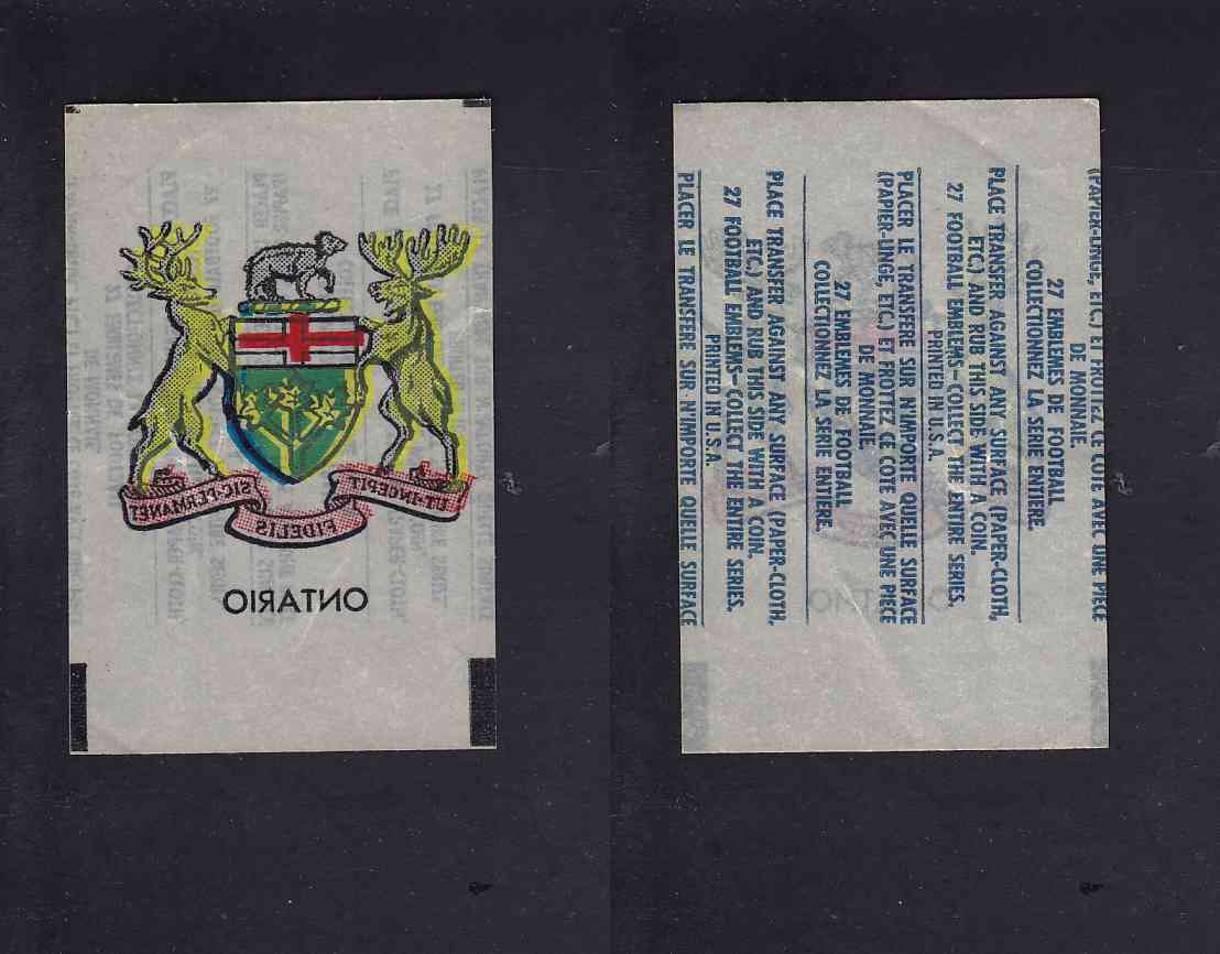 1965 CFL TOPPS TRANSFERT ONTARIO COAT OR ARMS photo