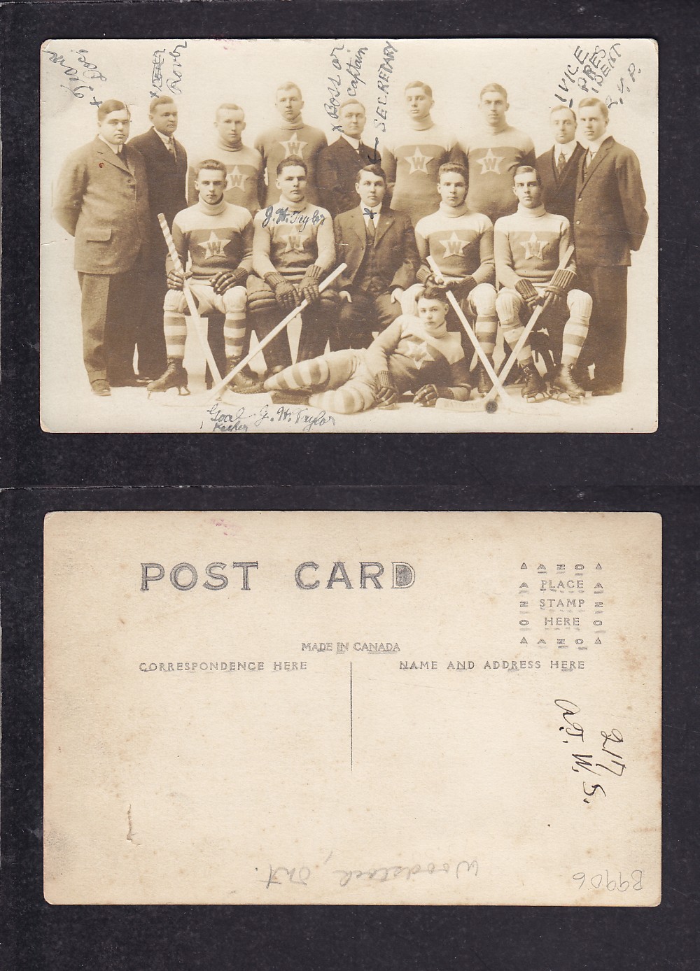 1910'S WOODSTOCK ONT HOCKEY TEAM POST CARD photo