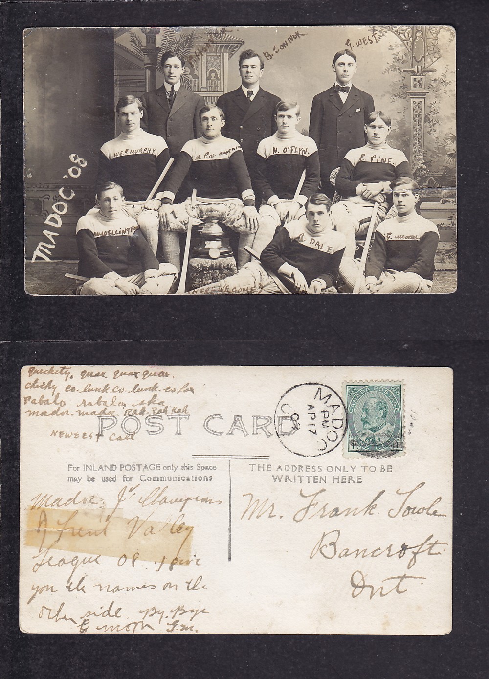 1908 MADOC HOCKEY TEAM POST CARD photo