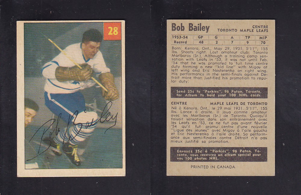 1954-55 PARKHURST HOCKEY CARD #28 B. BAILEY photo