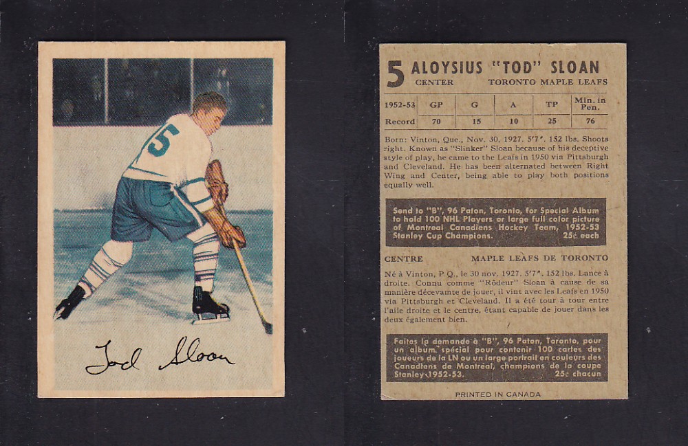 1953-54 PARKHURST HOCKEY CARD #5 T. SLOAN photo