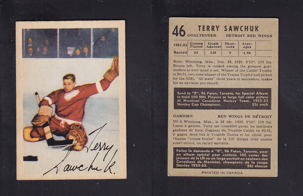 1953-54 PARKHURST HOCKEY CARD #46 T. SAWCHUK photo