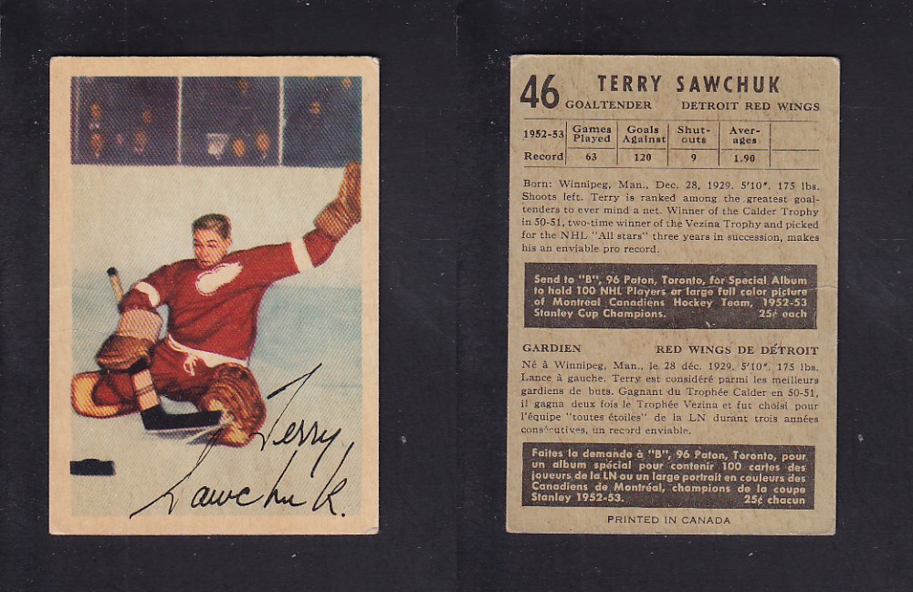 1953-54 PARKHURST HOCKEY CARD #46 T. SAWCHUK photo