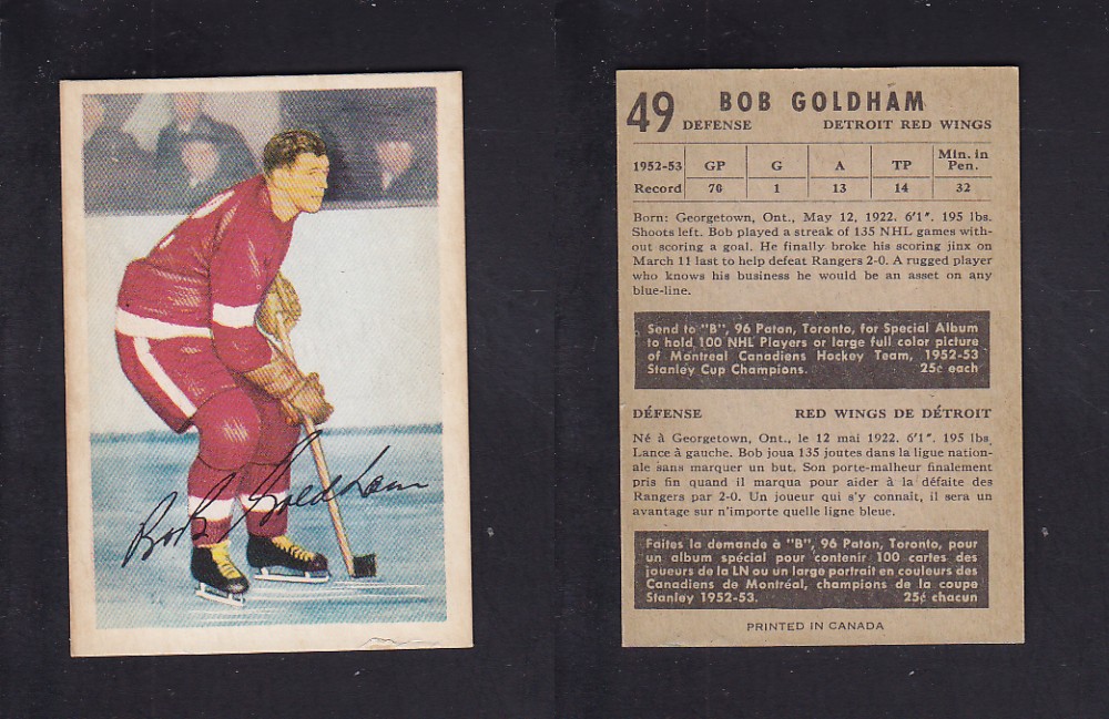 1953-54 PARKHURST HOCKEY CARD #49 B. GOLDHAM photo