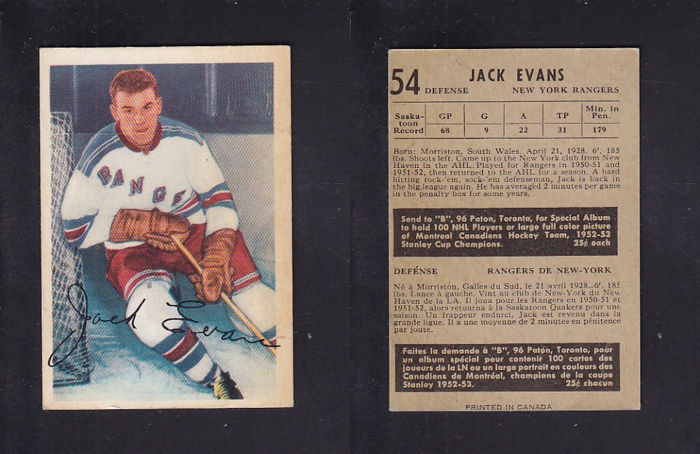 1953-54 PARKHURST HOCKEY CARD #54 J. EVANS photo