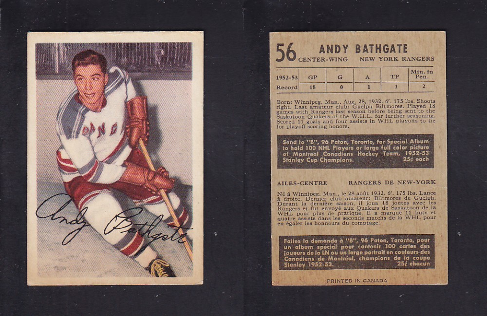 1953-54 PARKHURST HOCKEY CARD #56 A. BATHGATE photo