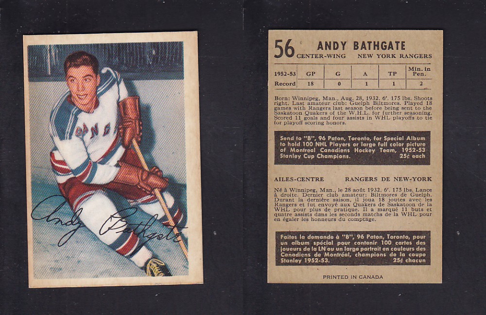 1953-54 PARKHURST HOCKEY CARD #56 A. BATHGATE photo