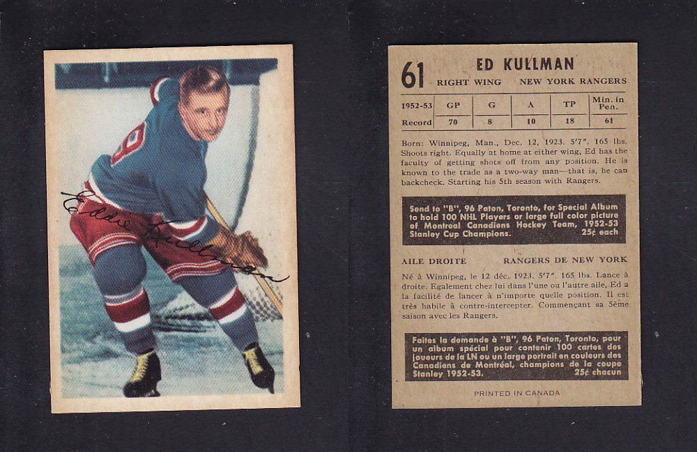 1953-54 PARKHURST HOCKEY CARD #61 E. KULLMAN photo