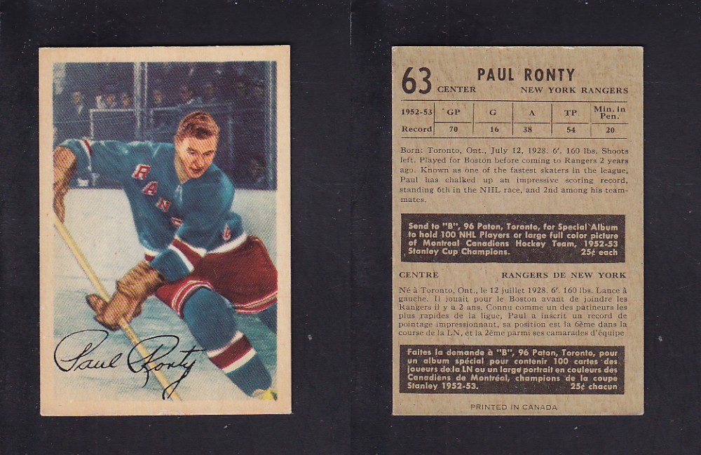 1953-54 PARKHURST HOCKEY CARD #63 P. RONTY photo