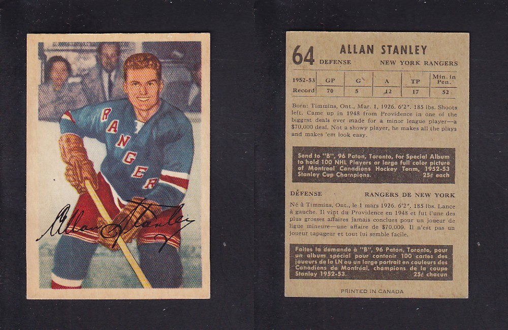 1953-54 PARKHURST HOCKEY CARD #64 A. STANLEY photo