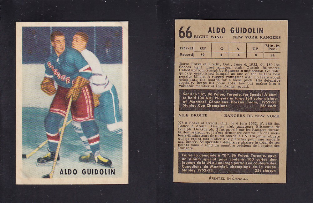 1953-54 PARKHURST HOCKEY CARD #66 A. GUIDOLIN photo