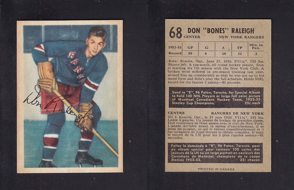 1953-54 PARKHURST HOCKEY CARD #68 B. RALEIGH photo