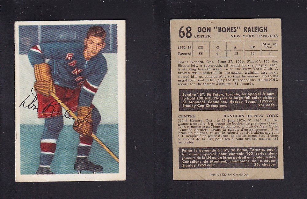 1953-54 PARKHURST HOCKEY CARD #68 B. RALEIGH photo