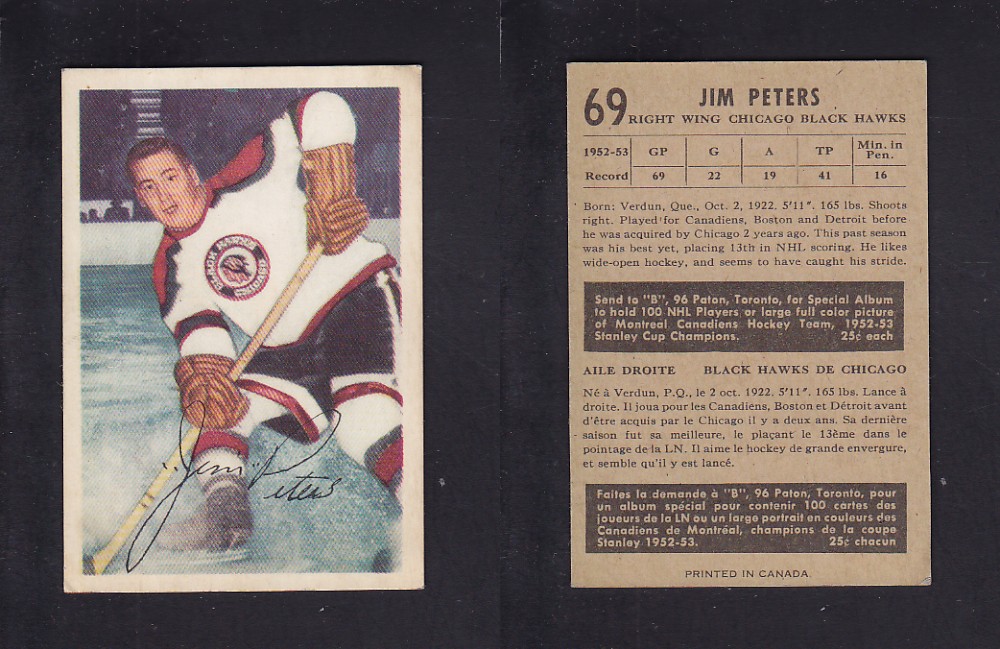 1953-54 PARKHURST HOCKEY CARD #69 J. PETERS photo