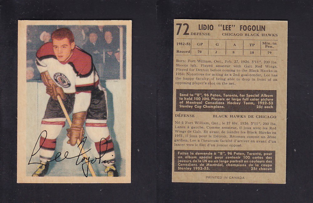 1953-54 PARKHURST HOCKEY CARD #72 L. FOGOLIN photo