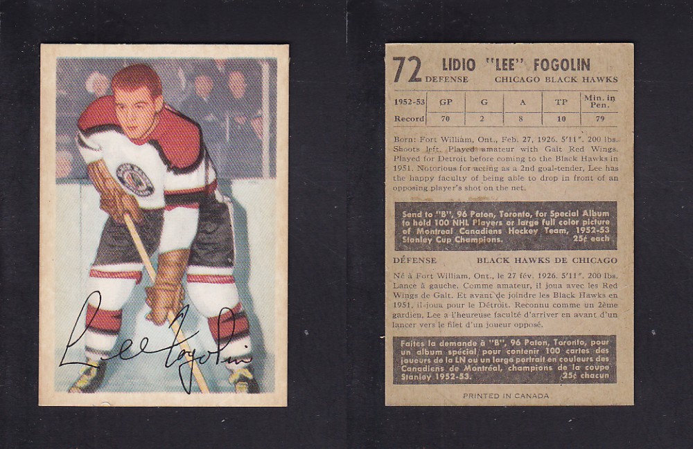 1953-54 PARKHURST HOCKEY CARD #72 L. FOGOLIN photo